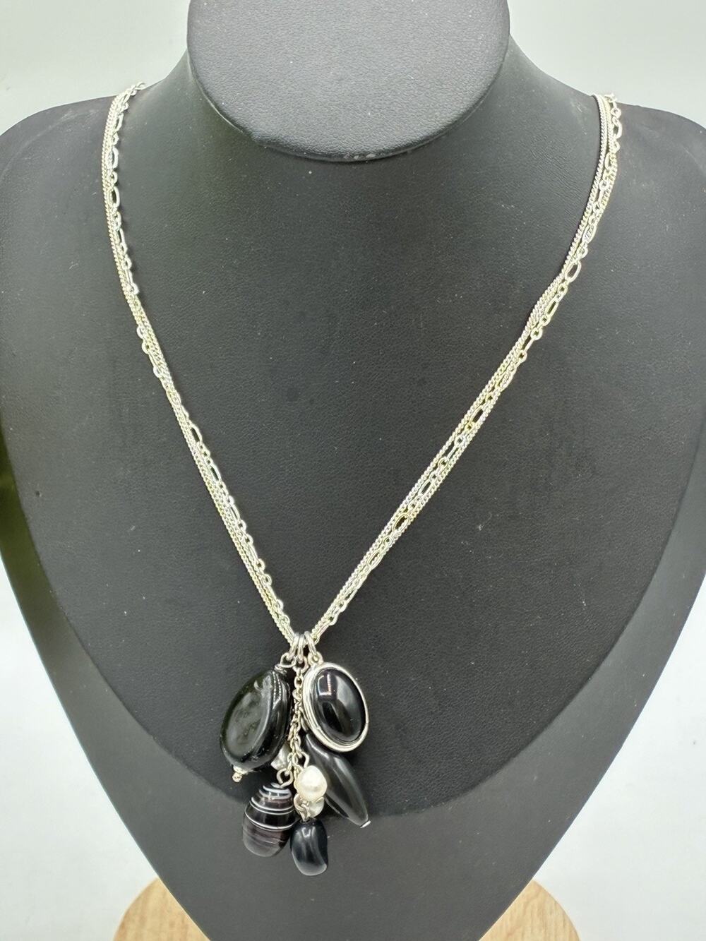 Lauren Conrad Necklace 18” Black Bead Cluster Pendant Silver Tone LC Jewelry
